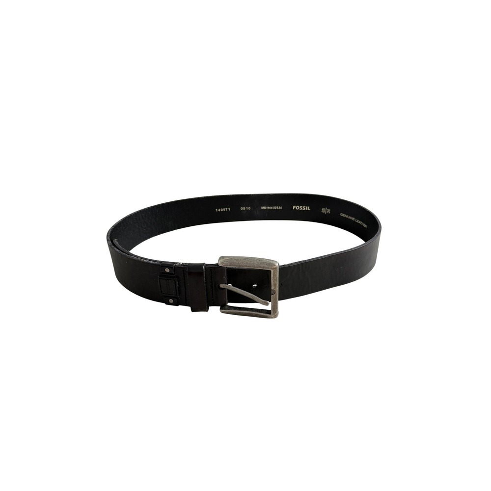 Fossil Mens Black Genuine Leather Belt Silver Buckle‎ Size 85 34